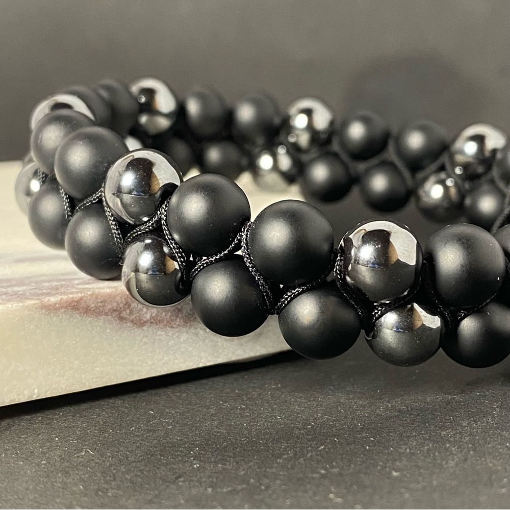 Mens Hematite Onyx Beaded Bracelet Two Rows/ Double Handmade Genuine Gemstone